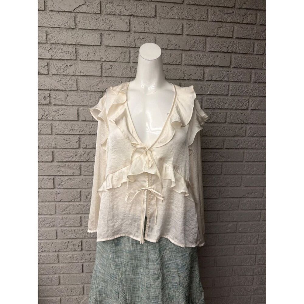 Pleione Women’s Ruffle Tie Front Long Sleeve Blouse Size L